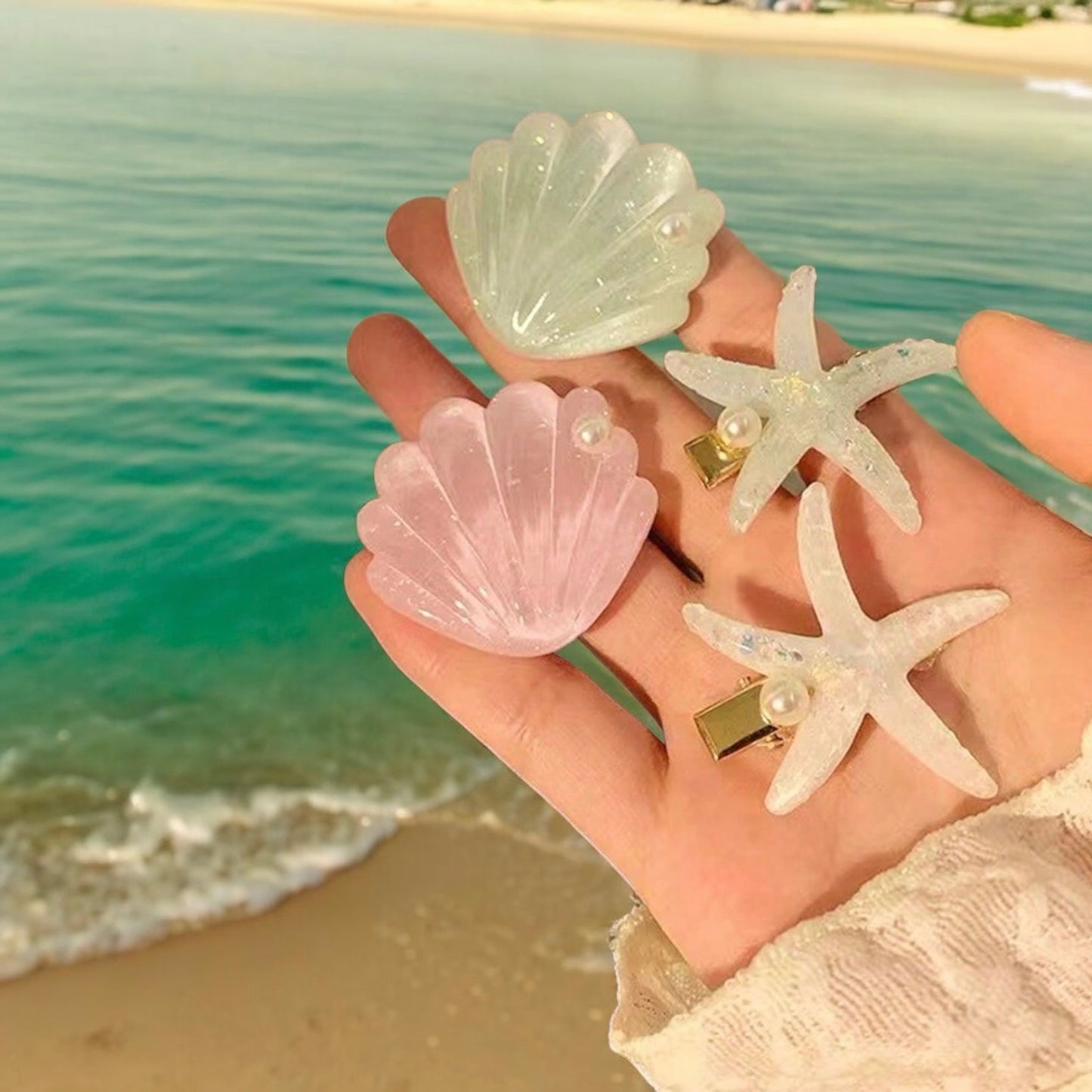 SUMMER SEASHELL AND STARFISH HAIR BARRETTE DUOS