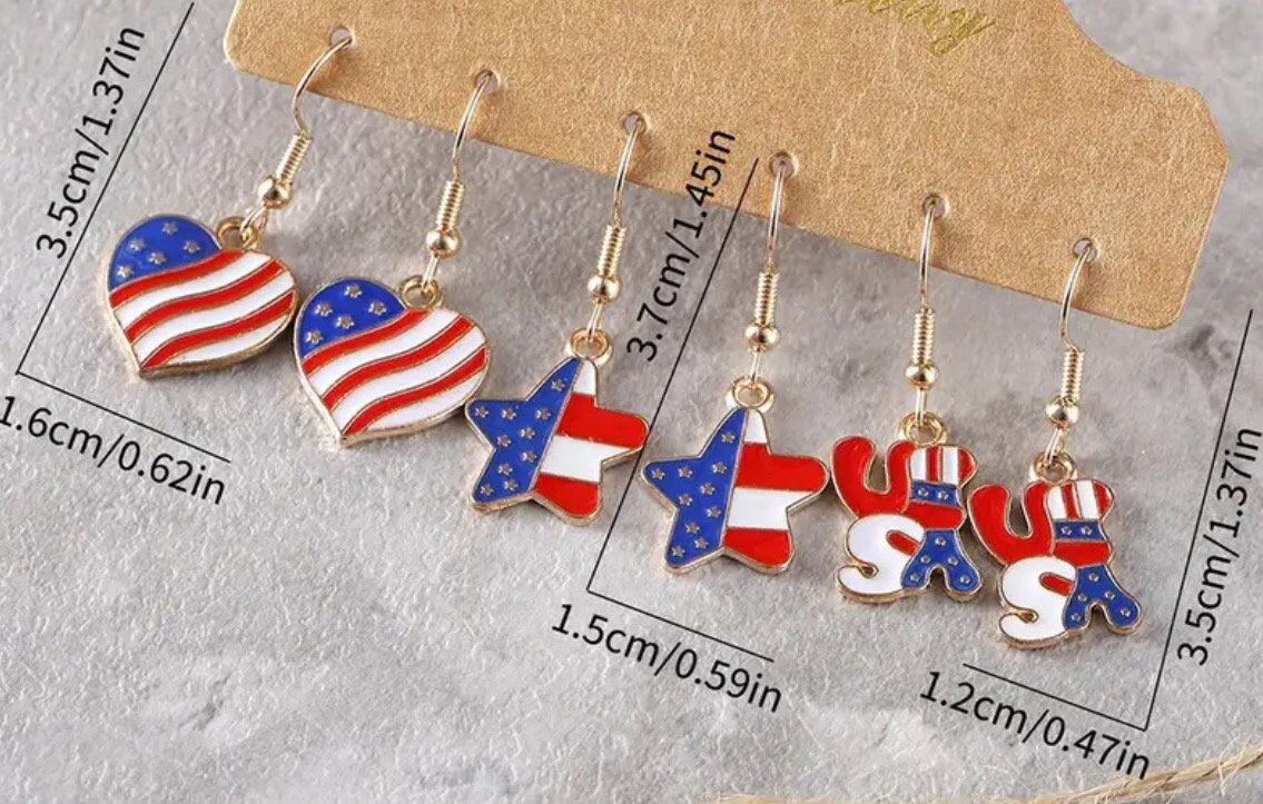 3 pairs of 4th of July themed enamel dangle earrings with sizes reading 3.5cm/1.6cm or 1.37in/0.62cm, 3.7cm/1.5cm or 1.45in/0.59in and 3.5cm/1.2cm or 1.37in/0.47in