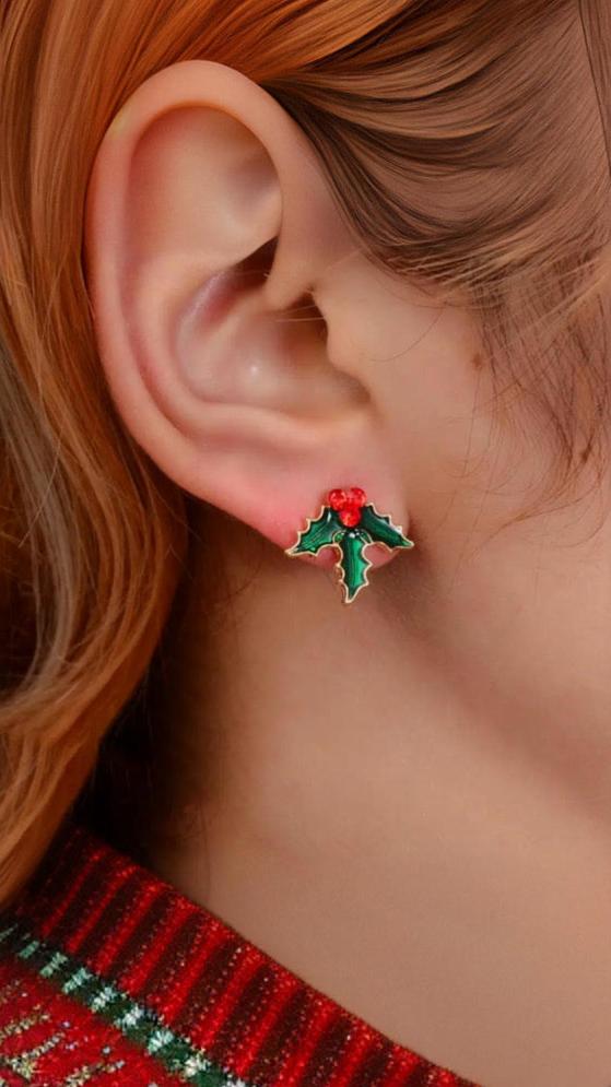 MISTLETOE GOLD ENAMEL STUD EARRINGS