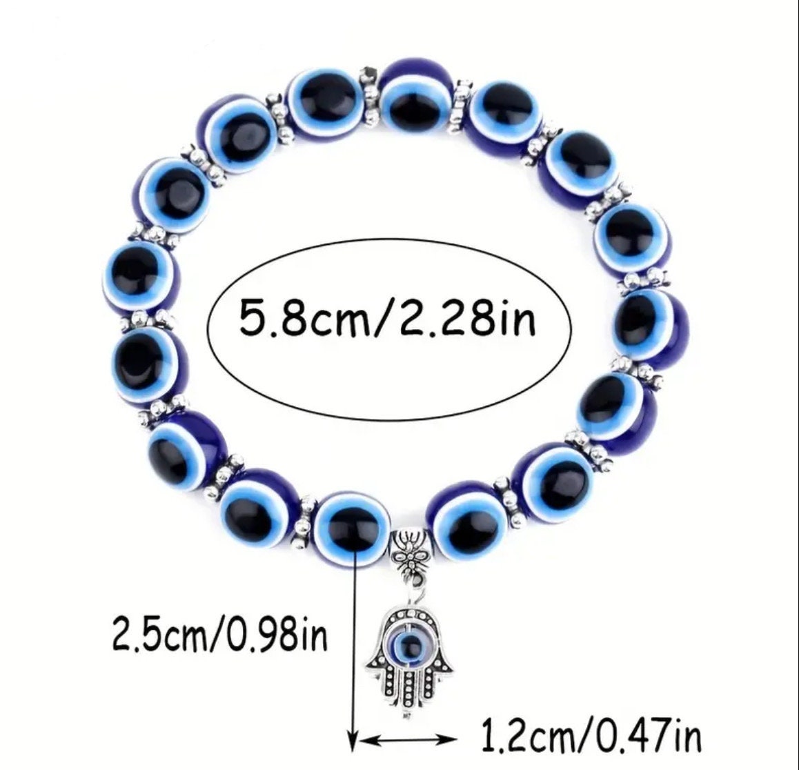 Blue beaded evil eye Hamsa hand bracelet with measurements reading CIRCUMFERENCE: 5.8cm/2.28in BEAD SIZE: 2.5cm/0.98in CHARM SIZE: 1.2cm/0.47in