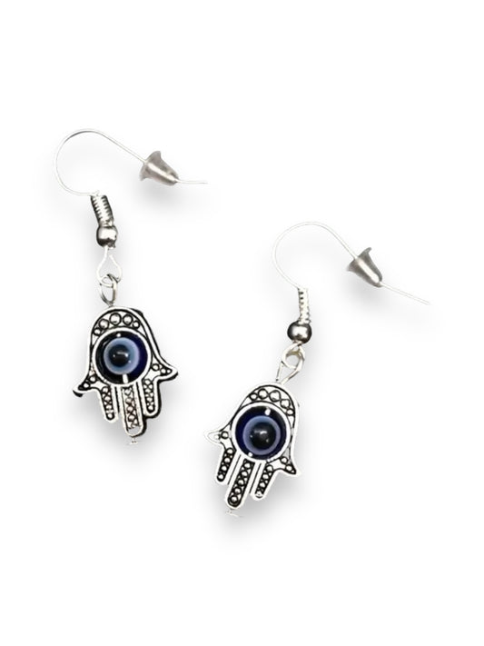 SILVER EVIL EYE HAMSA DANGLE EARRINGS