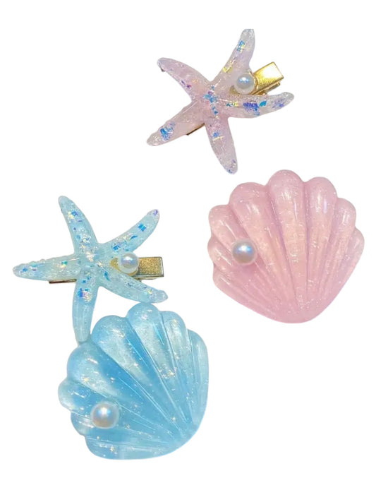 SUMMER SEASHELL AND STARFISH HAIR BARRETTE DUOS