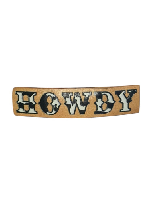 FAUX LEATHER COW PRINT HOWDY BARRETTE