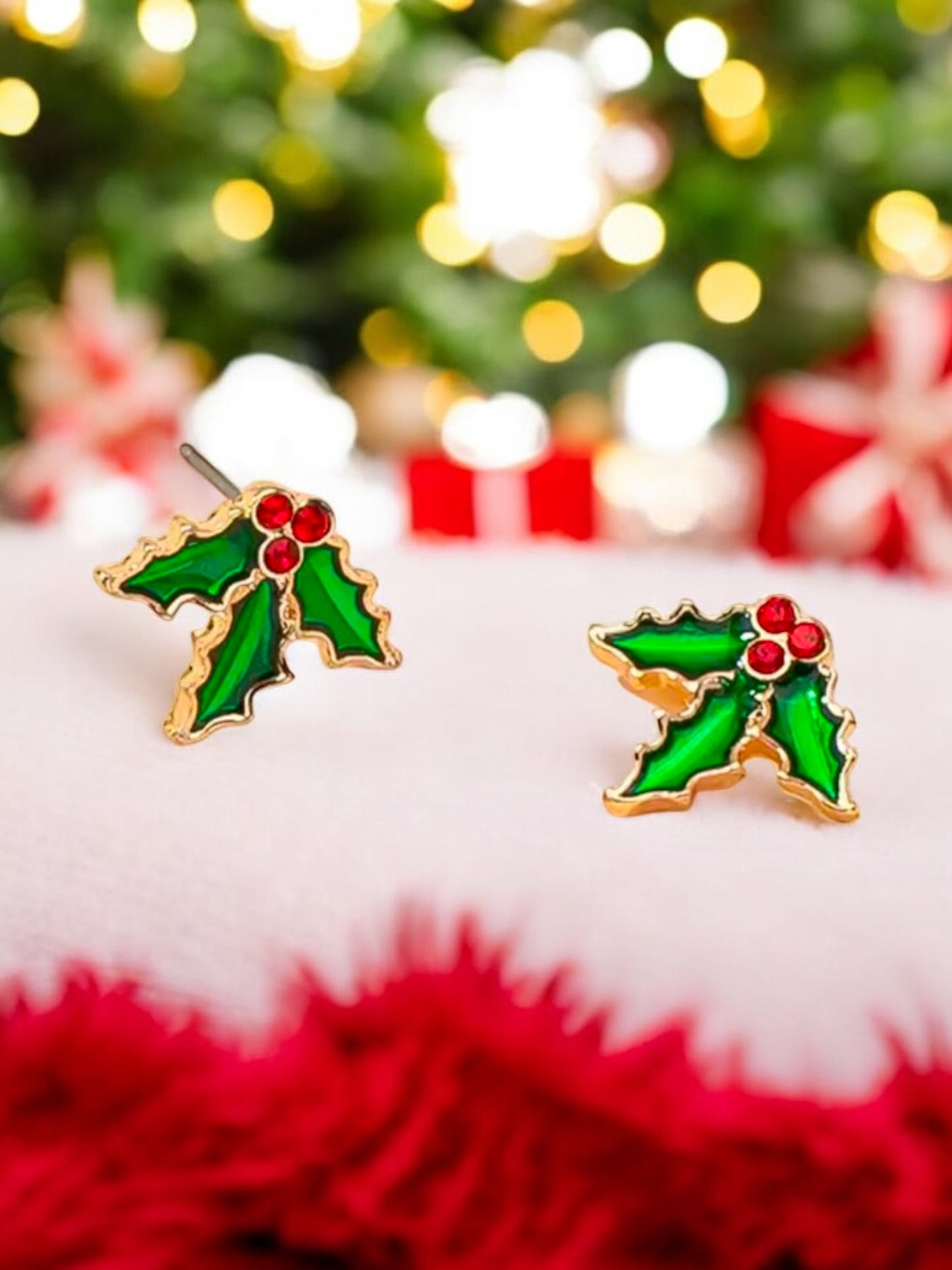 MISTLETOE GOLD ENAMEL STUD EARRINGS