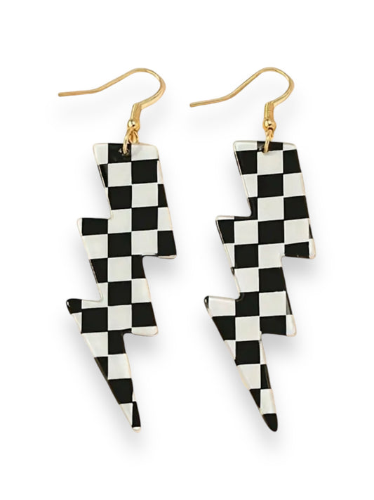 CHECKERBOARD LIGHTNING BOLT DANGLE EARRINGS