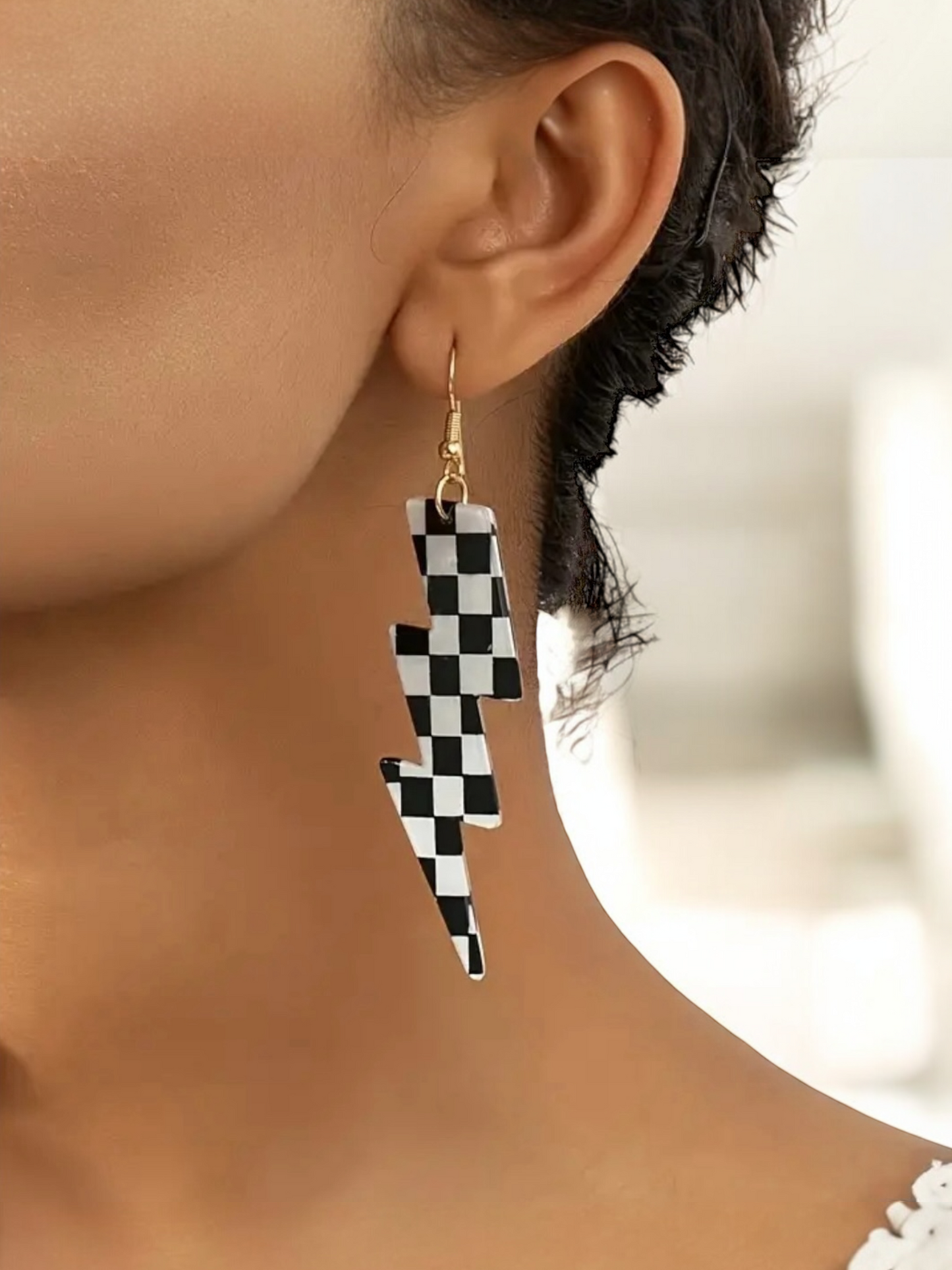 CHECKERBOARD LIGHTNING BOLT DANGLE EARRINGS