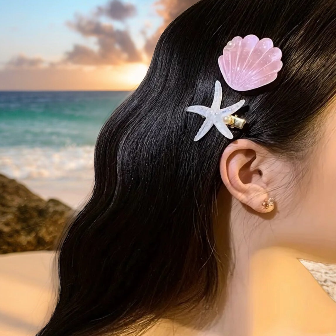 SUMMER SEASHELL AND STARFISH HAIR BARRETTE DUOS