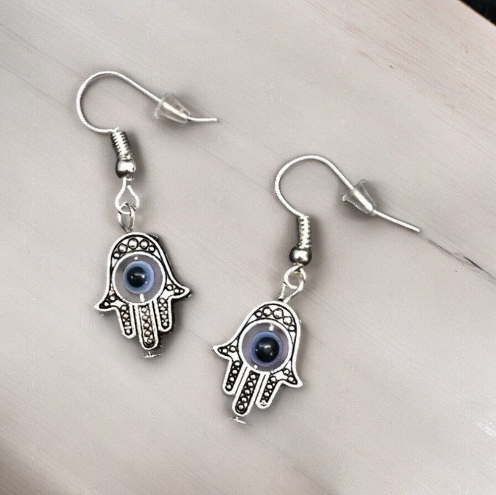 SILVER EVIL EYE HAMSA DANGLE EARRINGS