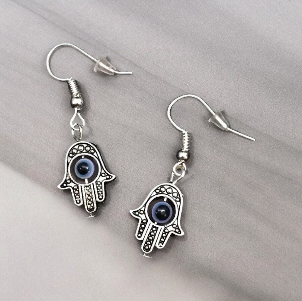 SILVER EVIL EYE HAMSA DANGLE EARRINGS