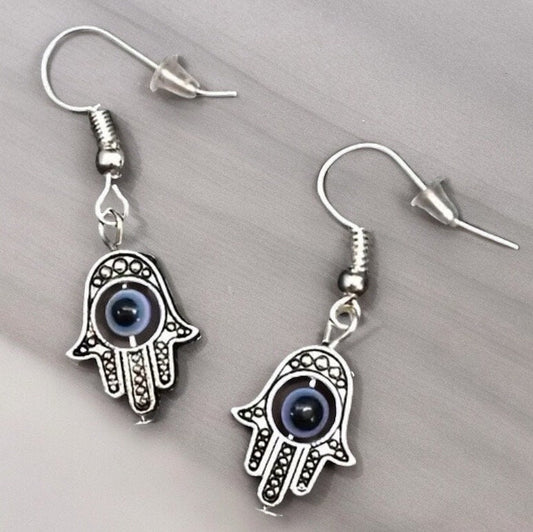 SILVER EVIL EYE HAMSA DANGLE EARRINGS