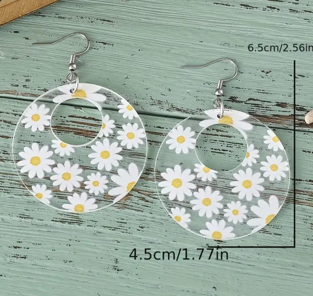 CLEAR ACRYLIC DAISY PRINT EARRINGS