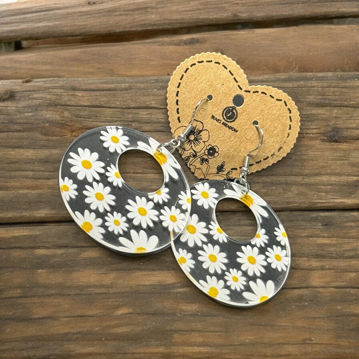 CLEAR ACRYLIC DAISY PRINT EARRINGS