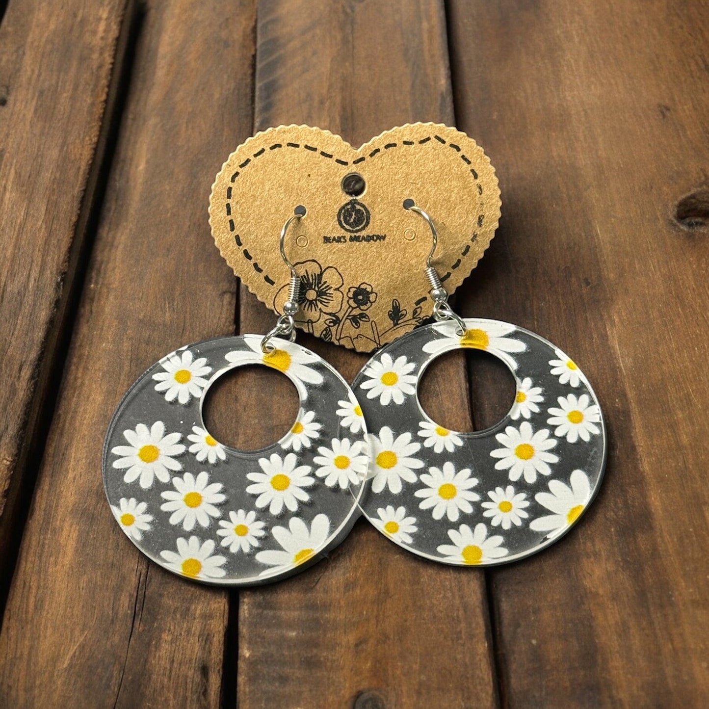 CLEAR ACRYLIC DAISY PRINT EARRINGS