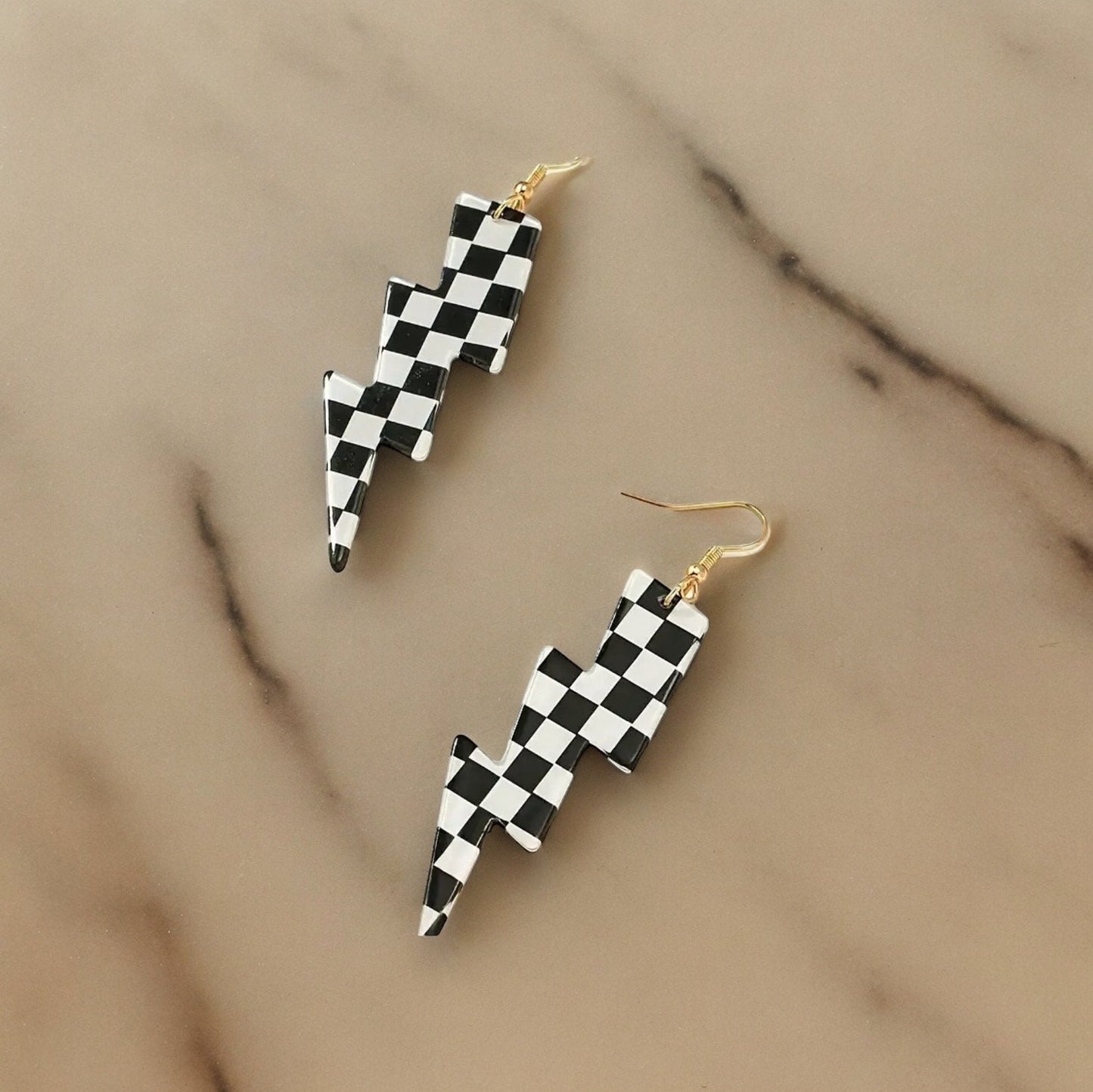 CHECKERBOARD LIGHTNING BOLT DANGLE EARRINGS