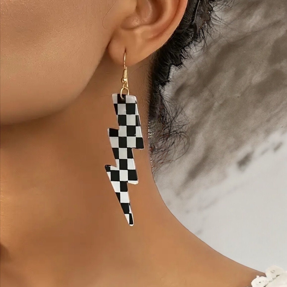 CHECKERBOARD LIGHTNING BOLT DANGLE EARRINGS