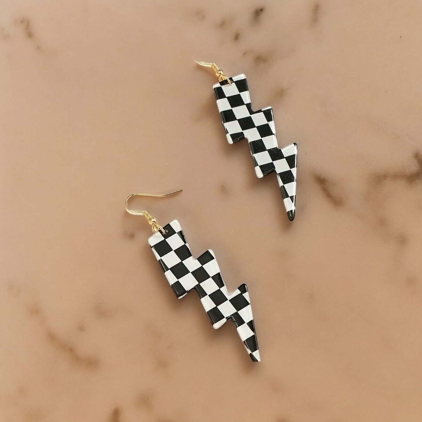 CHECKERBOARD LIGHTNING BOLT DANGLE EARRINGS