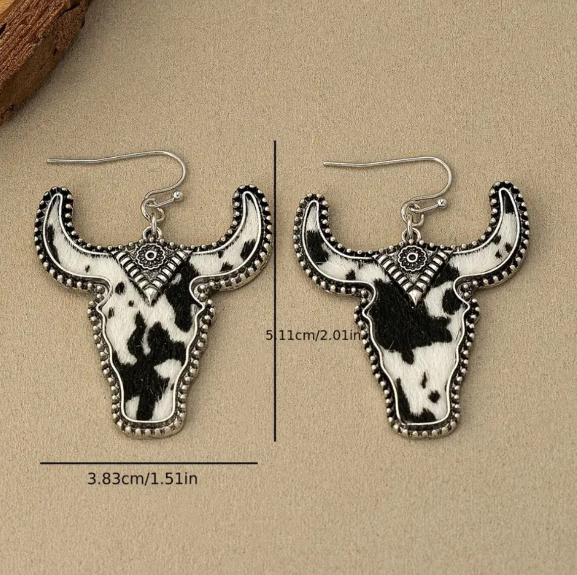 METAL COW PRINT LONGHORN DANGLE EARRINGS