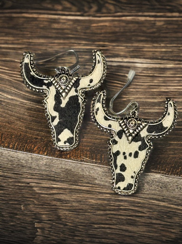 METAL COW PRINT LONGHORN DANGLE EARRINGS