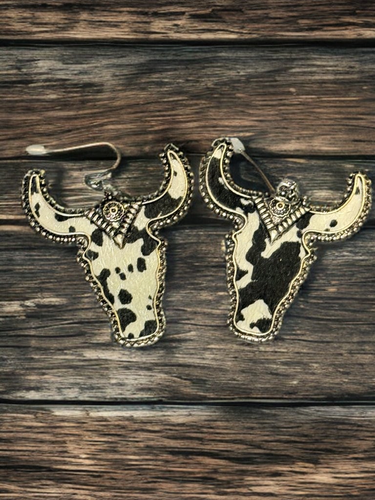 METAL COW PRINT LONGHORN DANGLE EARRINGS