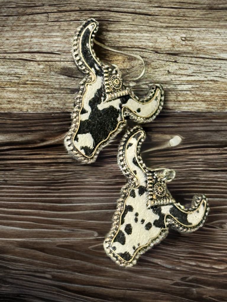 METAL COW PRINT LONGHORN DANGLE EARRINGS