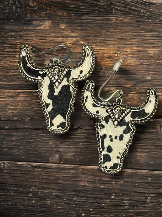 METAL COW PRINT LONGHORN DANGLE EARRINGS