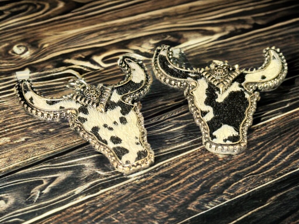 METAL COW PRINT LONGHORN DANGLE EARRINGS