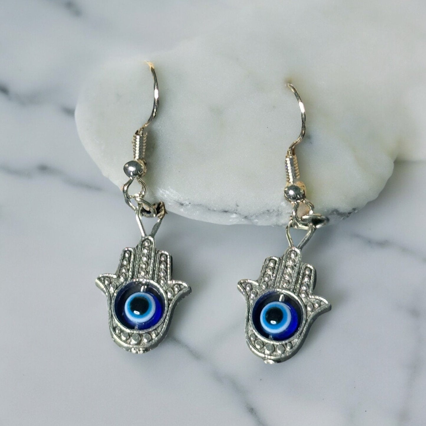 SILVER EVIL EYE HAMSA DANGLE EARRINGS