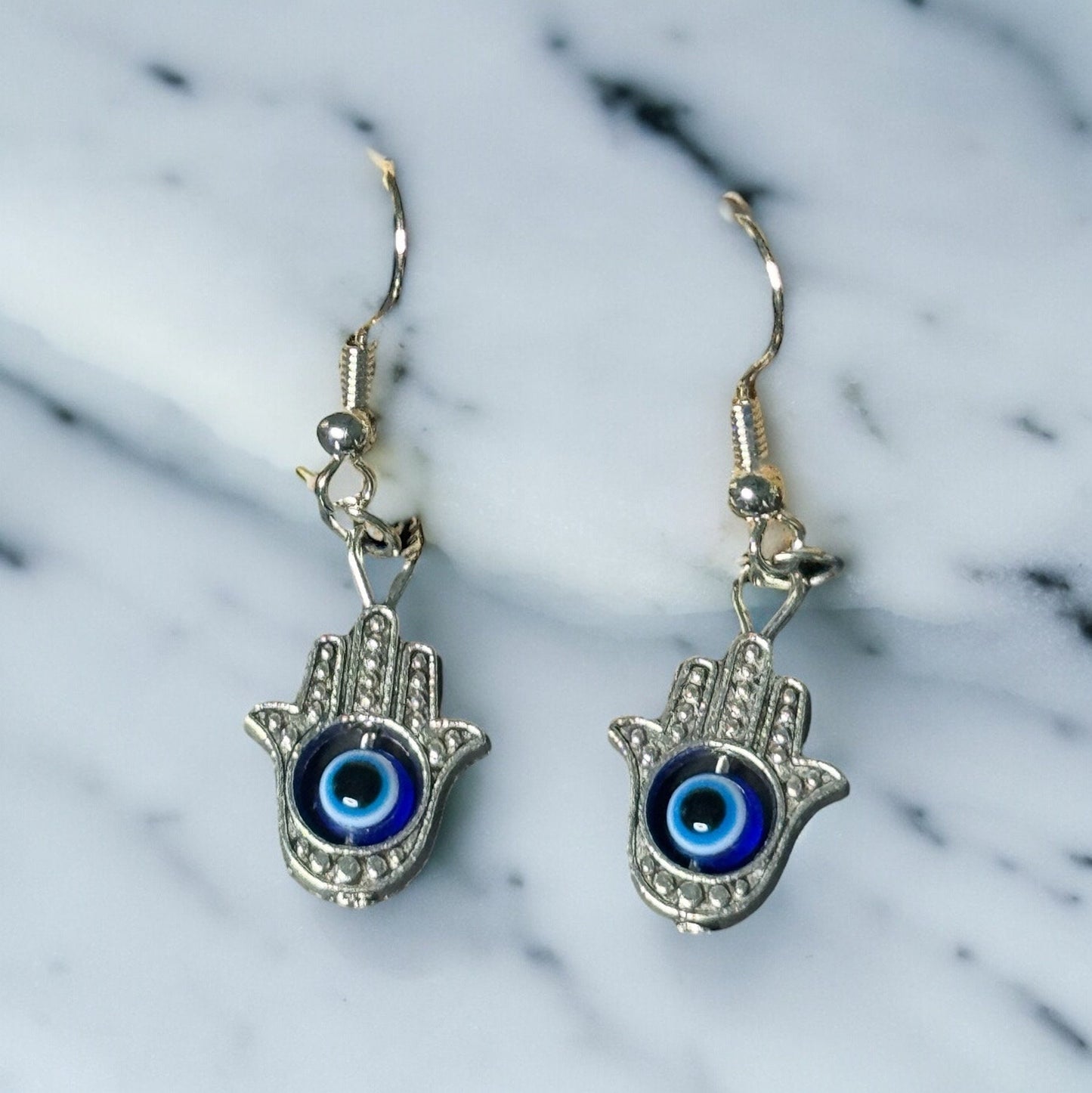 SILVER EVIL EYE HAMSA DANGLE EARRINGS