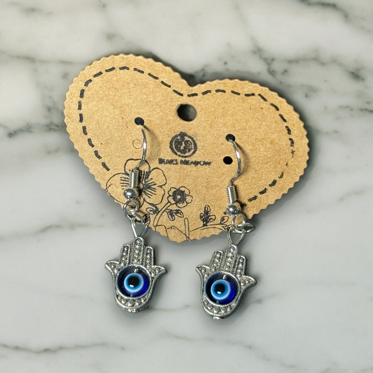 SILVER EVIL EYE HAMSA DANGLE EARRINGS