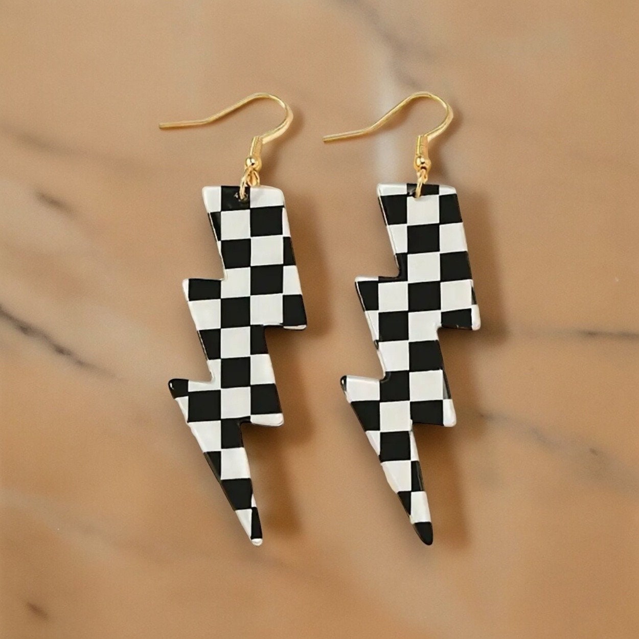 CHECKERBOARD LIGHTNING BOLT DANGLE EARRINGS