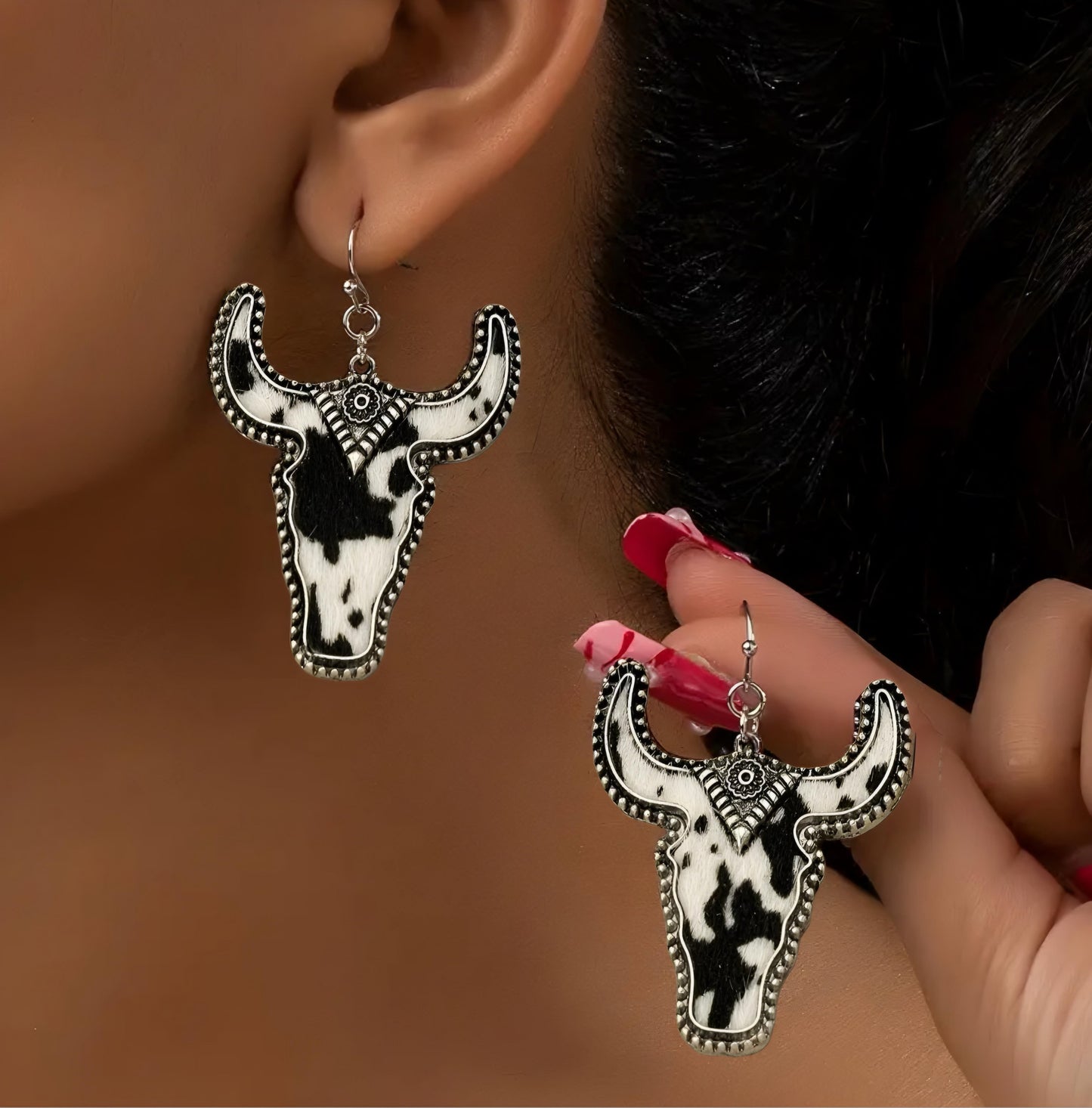 METAL COW PRINT LONGHORN DANGLE EARRINGS