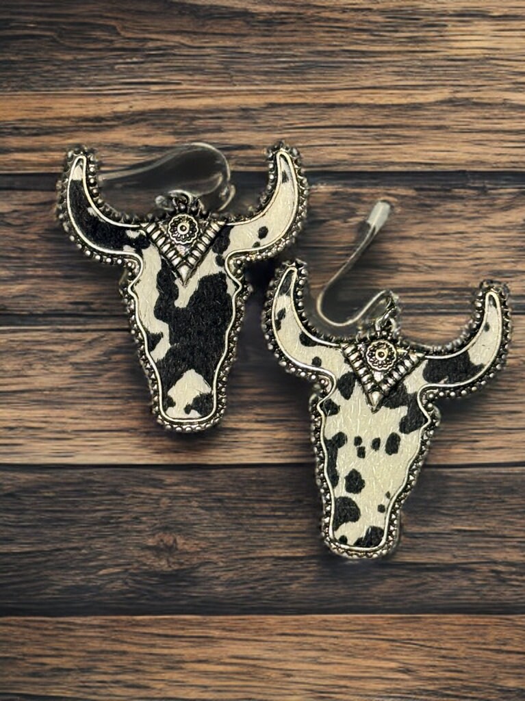 METAL COW PRINT LONGHORN DANGLE EARRINGS