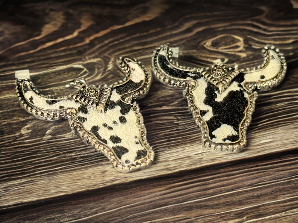 METAL COW PRINT LONGHORN DANGLE EARRINGS