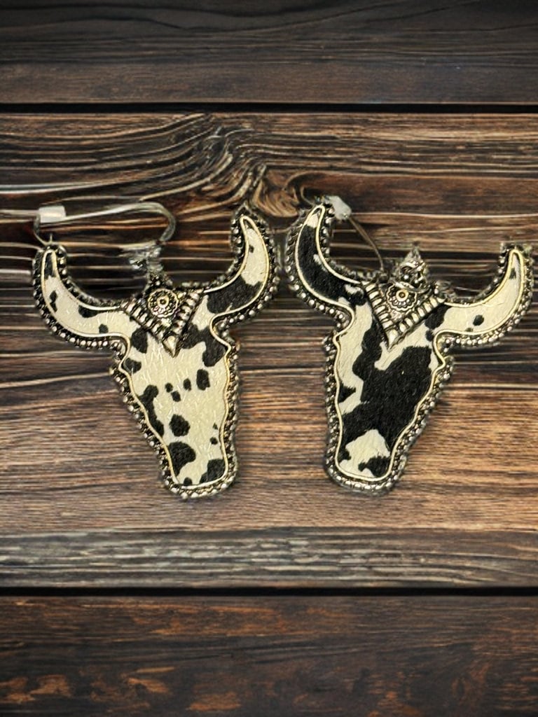 METAL COW PRINT LONGHORN DANGLE EARRINGS