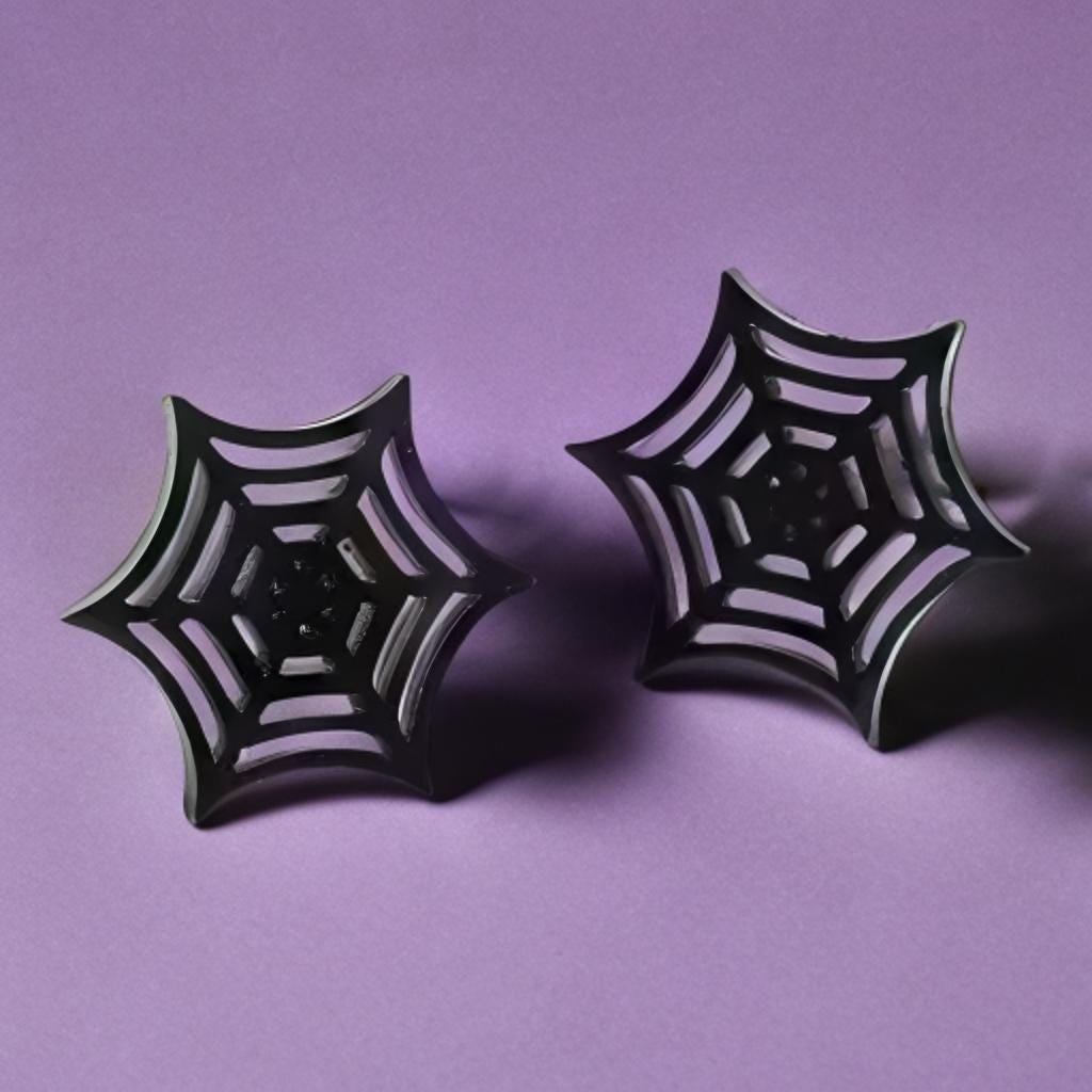 SMALL BLACK METAL SPIDERWEB STUD EARRINGS