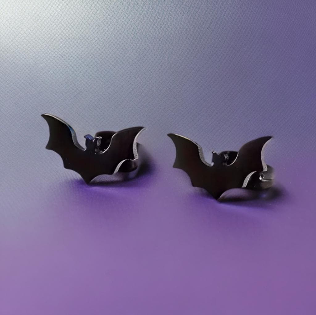 SMALL BLACK METAL BAT STUD EARRINGS