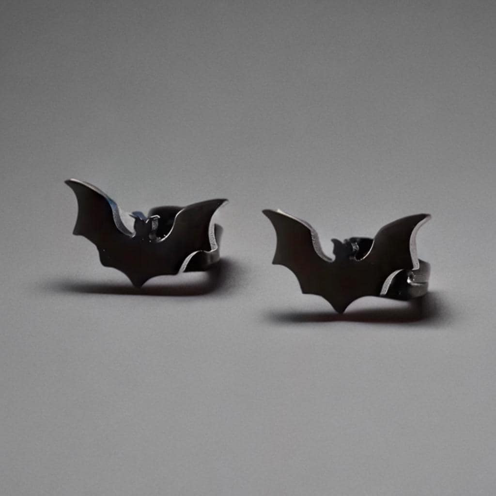 SMALL BLACK METAL BAT STUD EARRINGS