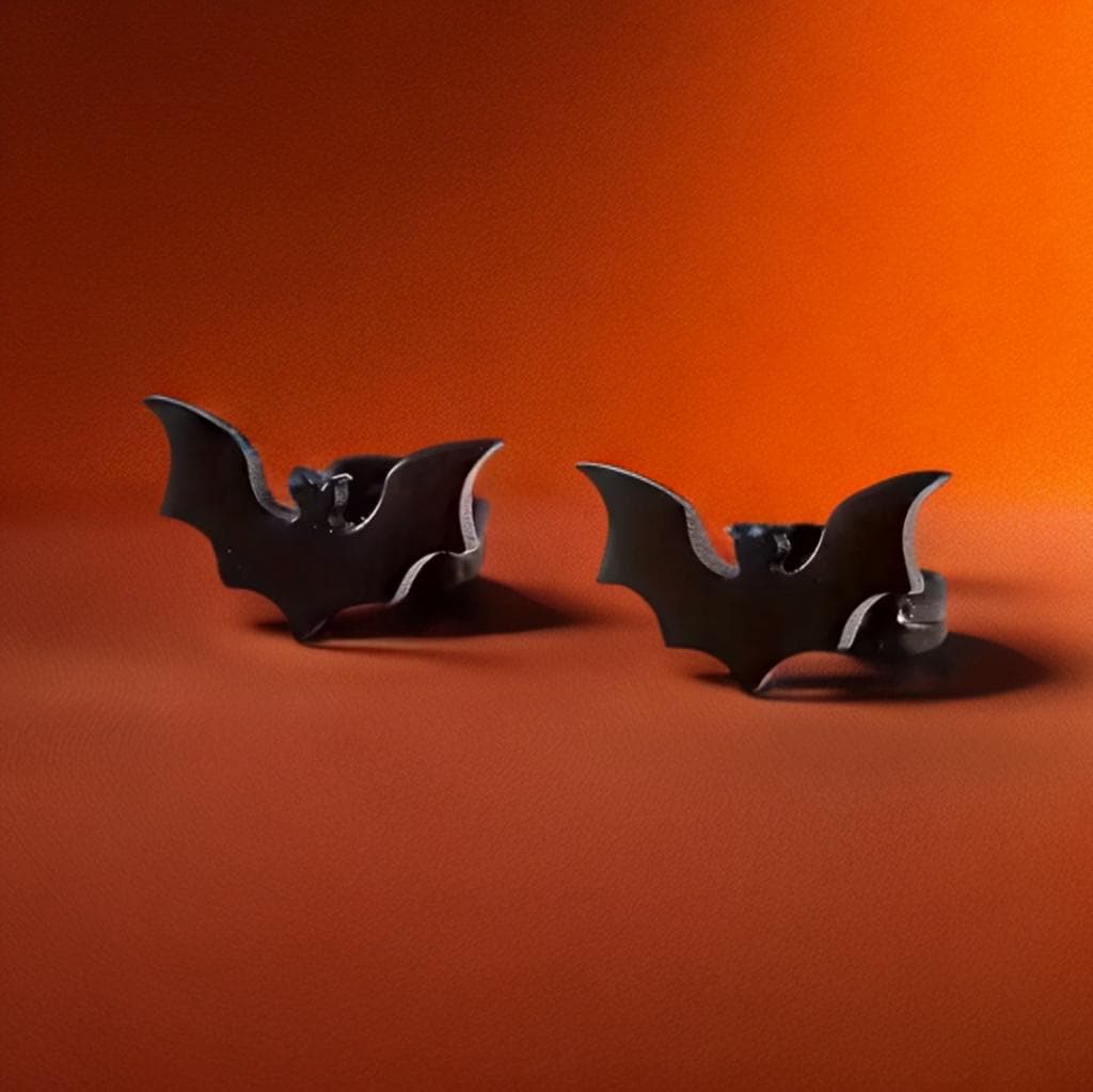 SMALL BLACK METAL BAT STUD EARRINGS