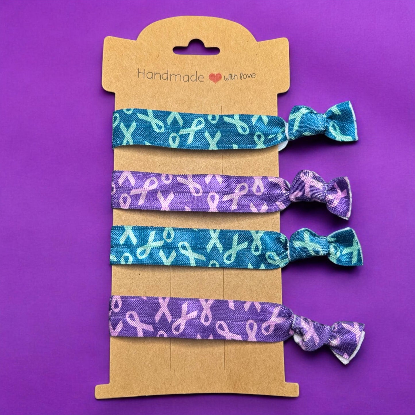 Suicide Awareness and Prevention Hair Ties 4-Pack, Cute Stretchy Hair Elastics Set, Mental Health Awareness Month, Teal and Purple Hairties