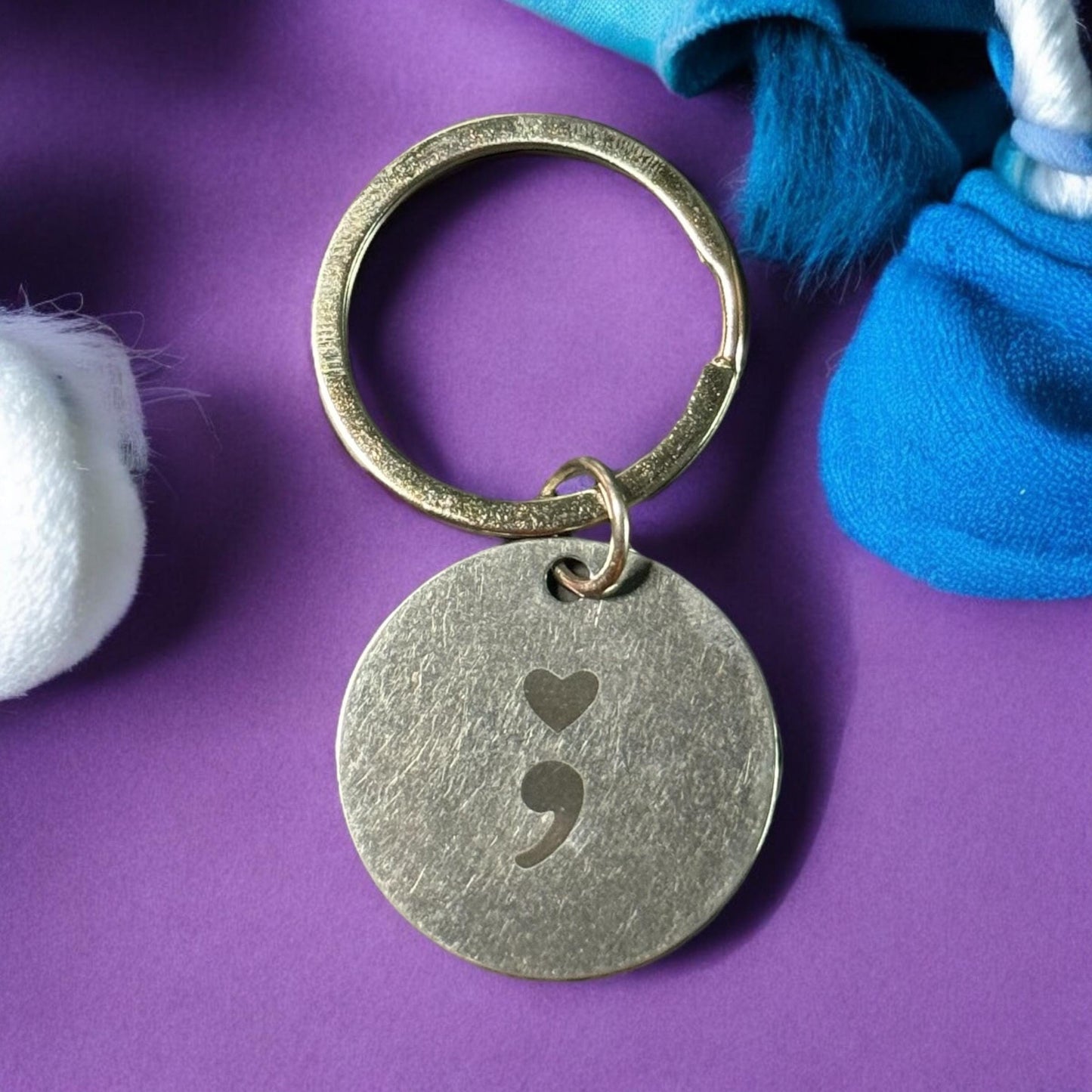 Suicide Awareness and Prevention Keychain Semicolon, Silver Circle Keychain, Mental Health Awareness Month, Celebration of Life Keychain