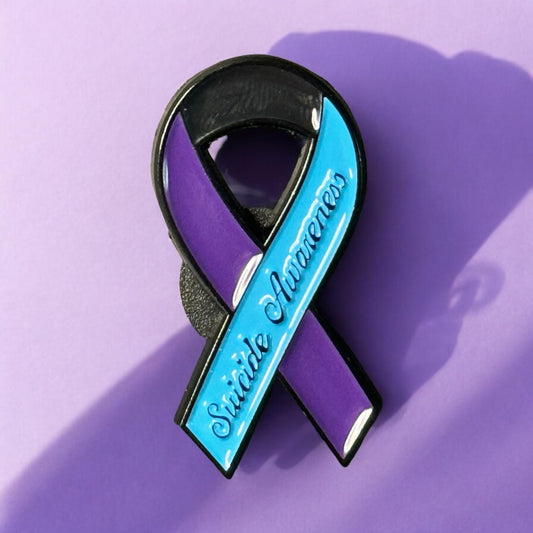 Suicide Awareness and Prevention Enamel Pin, Mental Health Awareness Month Brooch, Teal and Purple Ribbon, Awareness Ribbon Pushback Pin