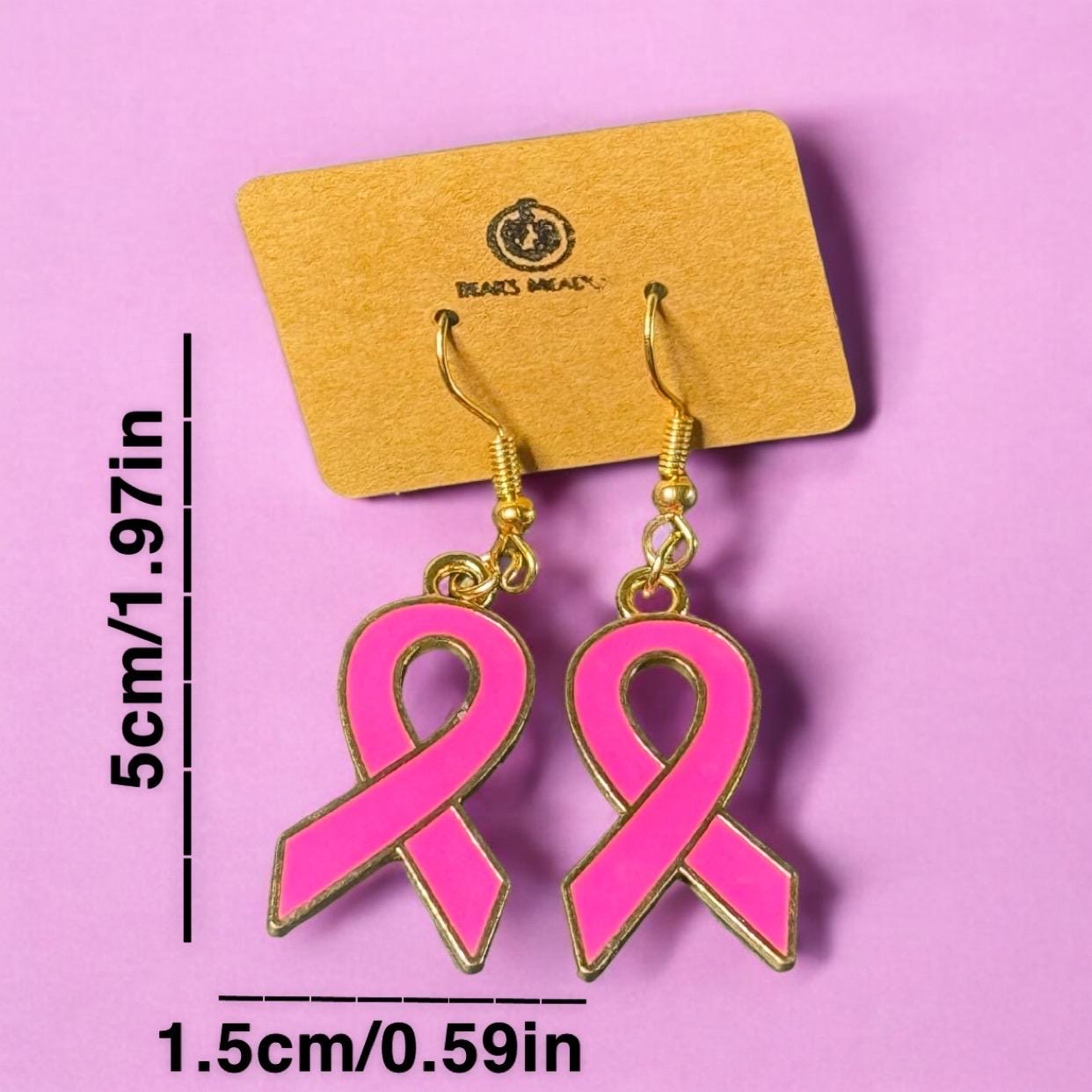 Pair of pink breast cancer ribbon dangle earrings with measurements reading 5cm x 1.5cm or 1.97in x 0.59in